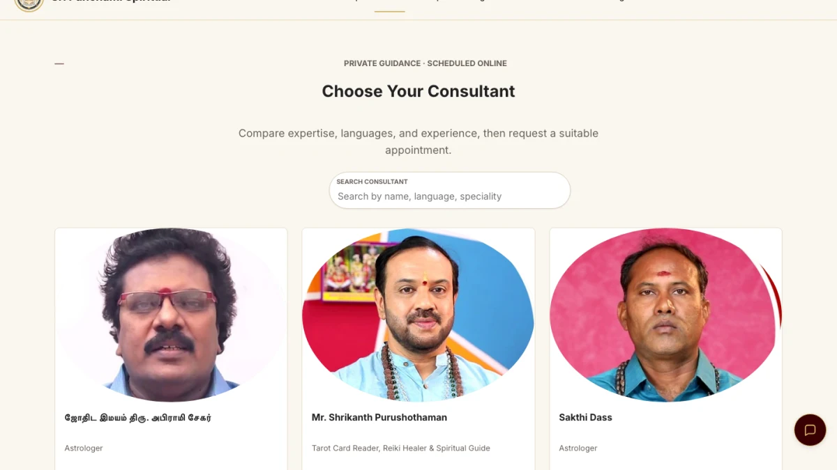 Loaded Sri Panchami Spiritual consultant directory with consultant profiles