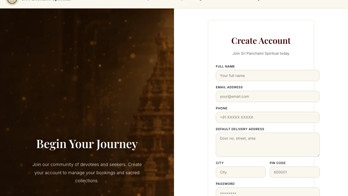 Loaded Sri Panchami Spiritual account registration form