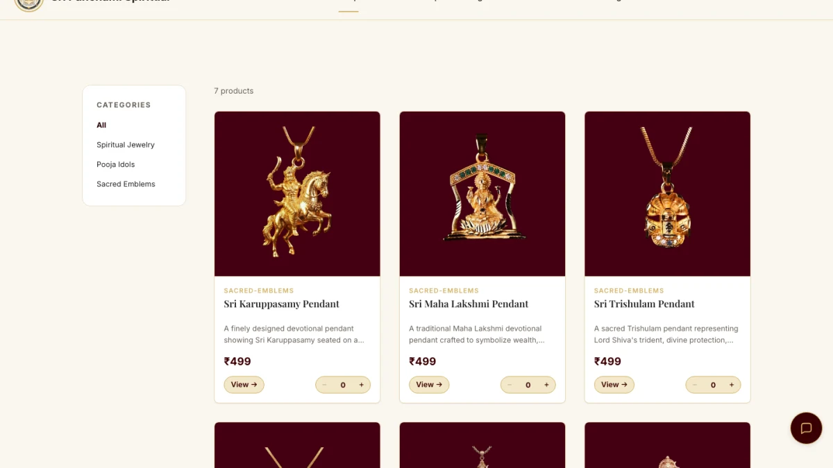 Loaded Sri Panchami Spiritual shop with product images and quantity controls