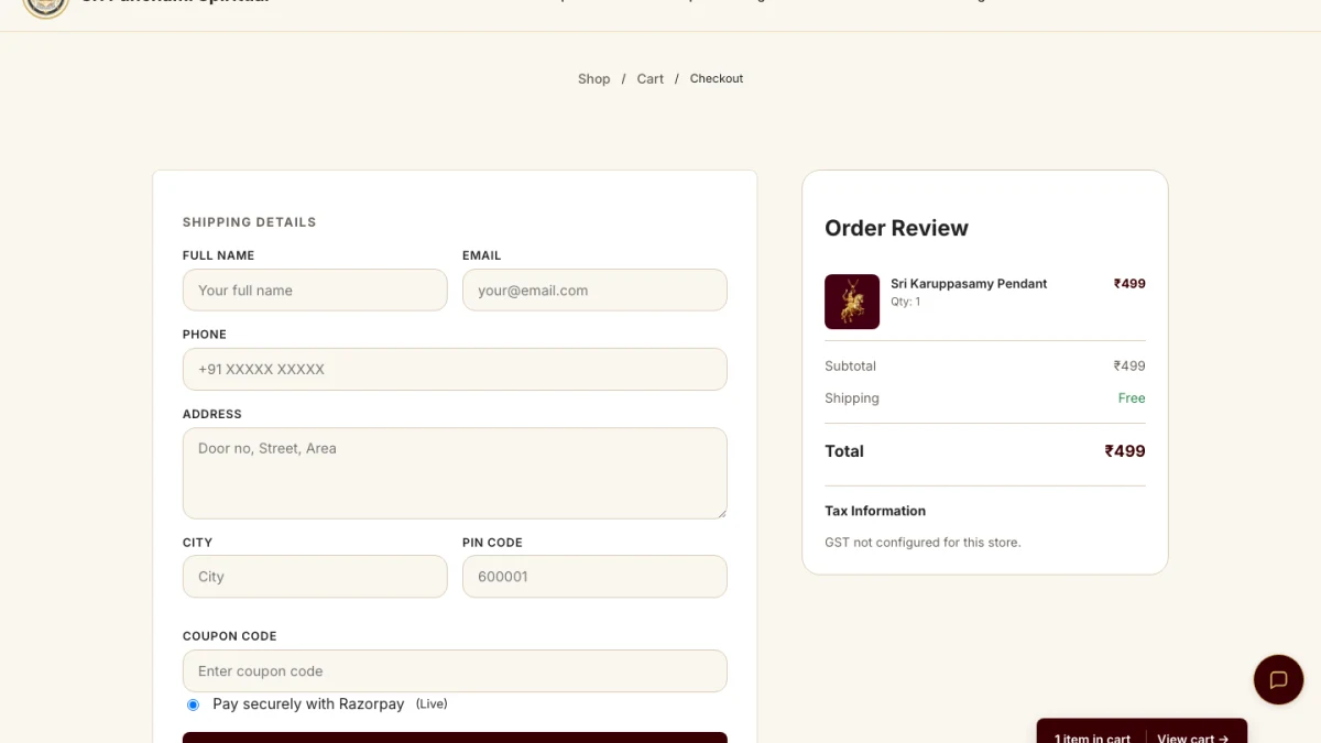 Loaded Sri Panchami Spiritual checkout with shipping form, order review and live Razorpay payment